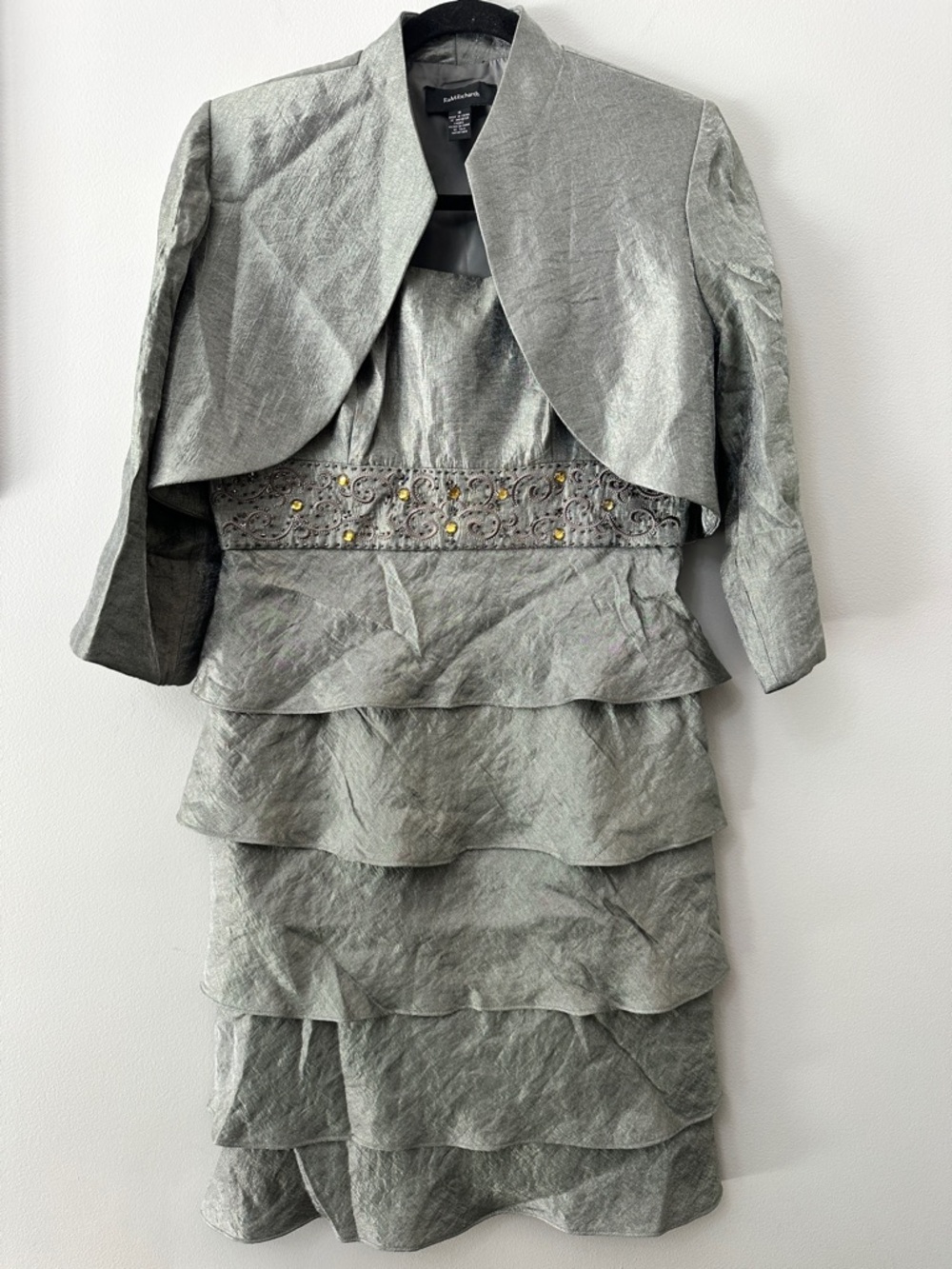 R&M Richards 2-Piece Metallic Silver Tiered Dress & Bolero Jacket Set Size 8